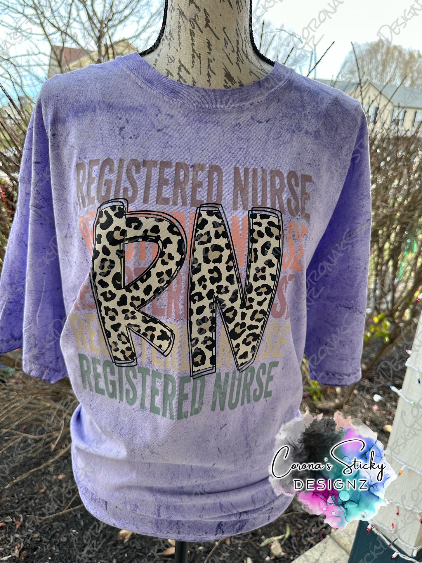 Purple washed registered nurse RN leopard stacked T-shirt