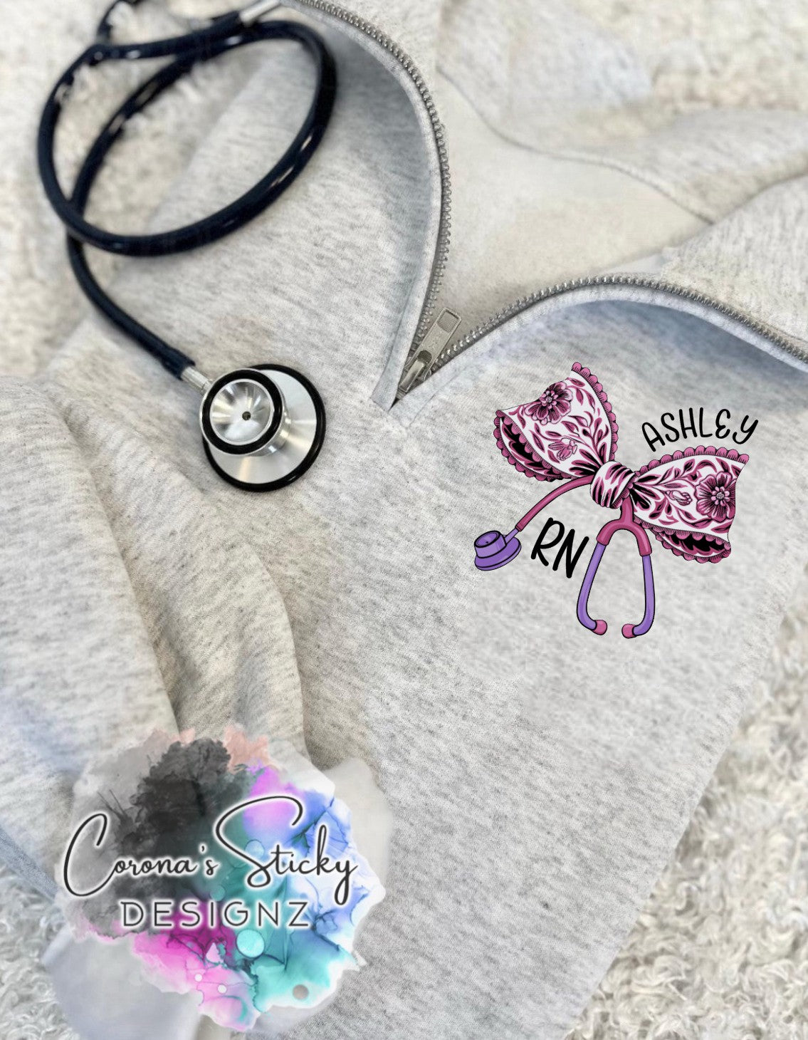 Quarter Zip customized purple bow unisex fit sweatshirt RN LPN MD NP CNA