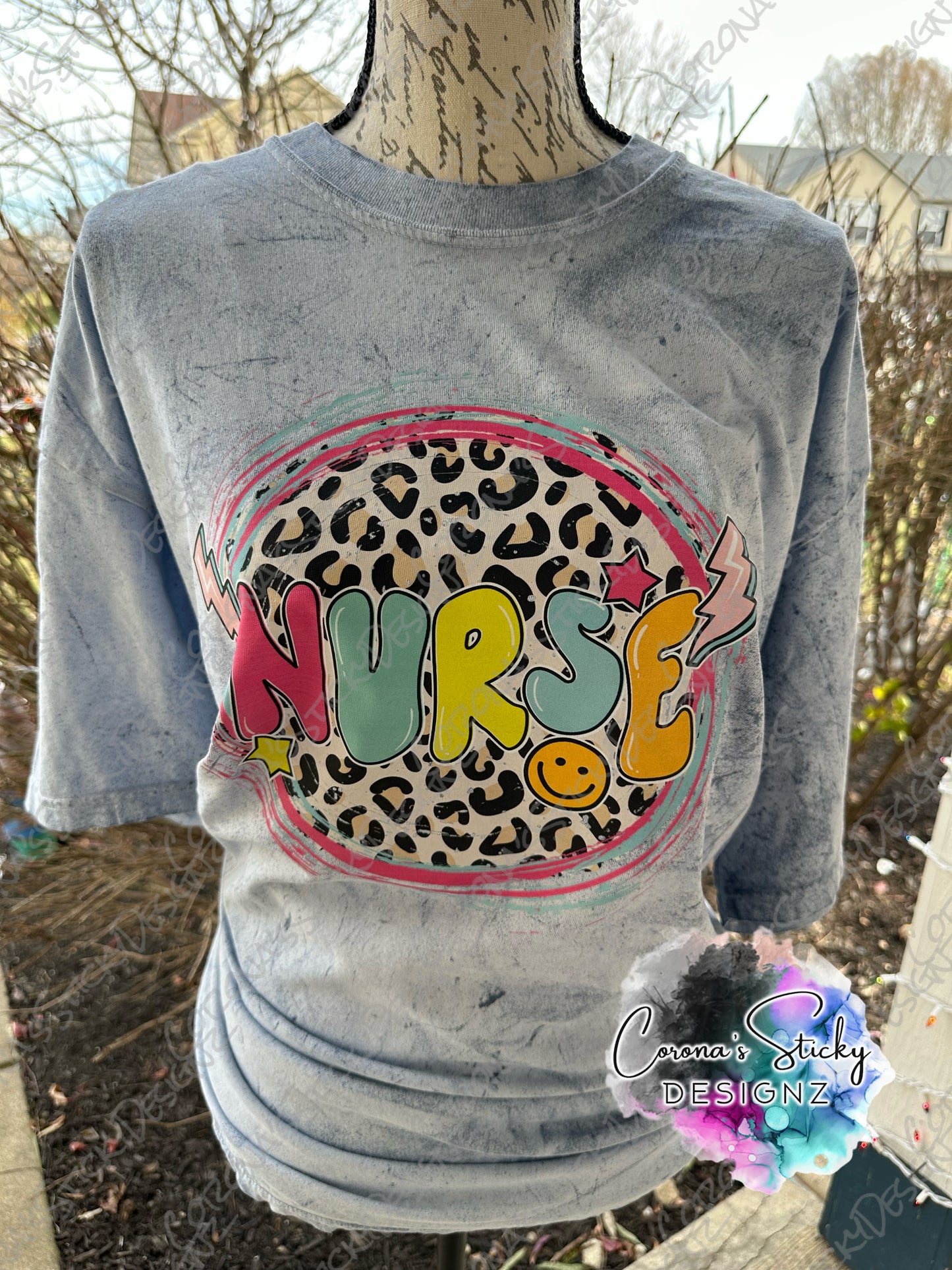 Blue washed nurse leopard pink smiley face tshirt