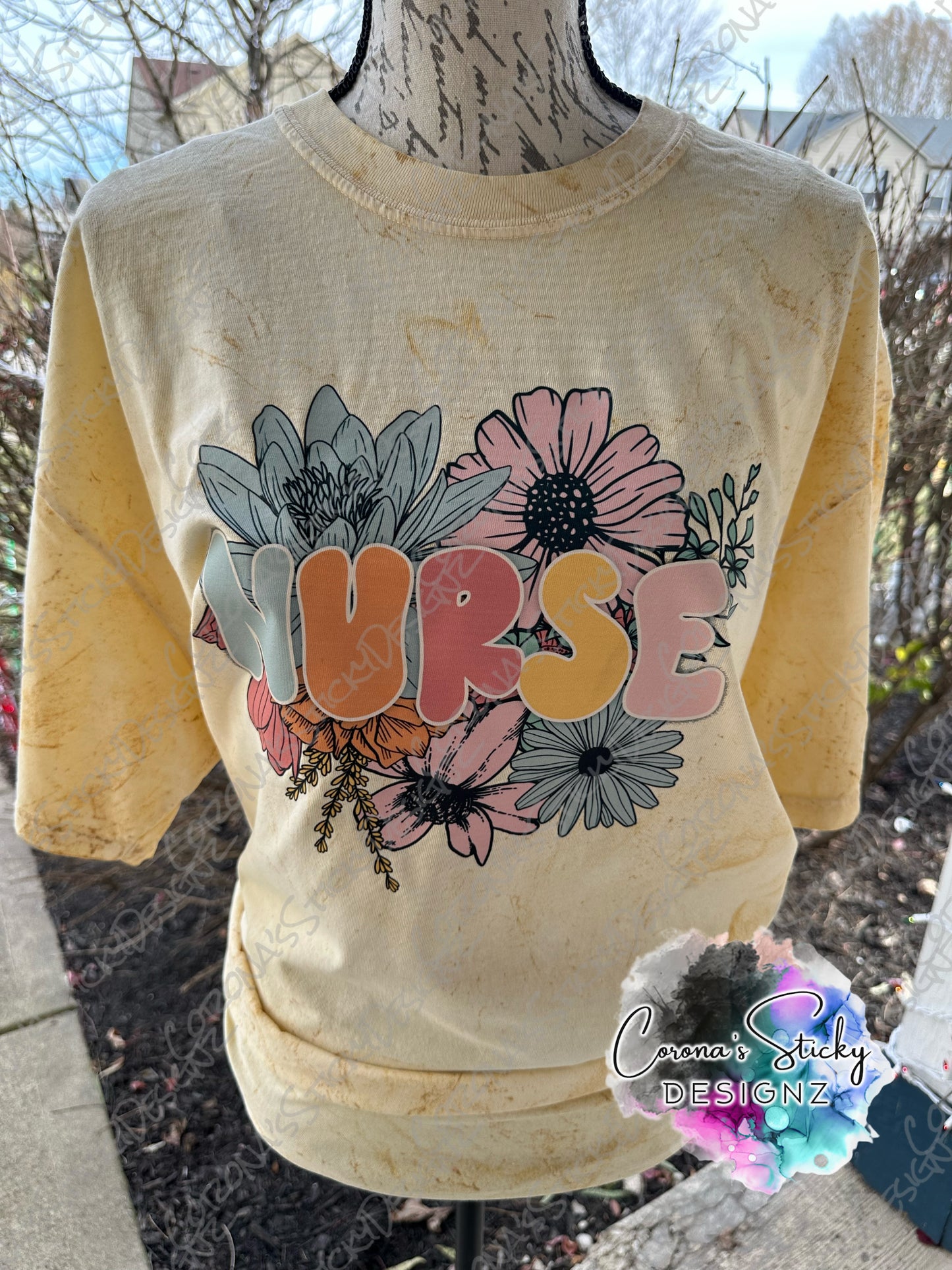 Yellow washed nurse floral tshirt