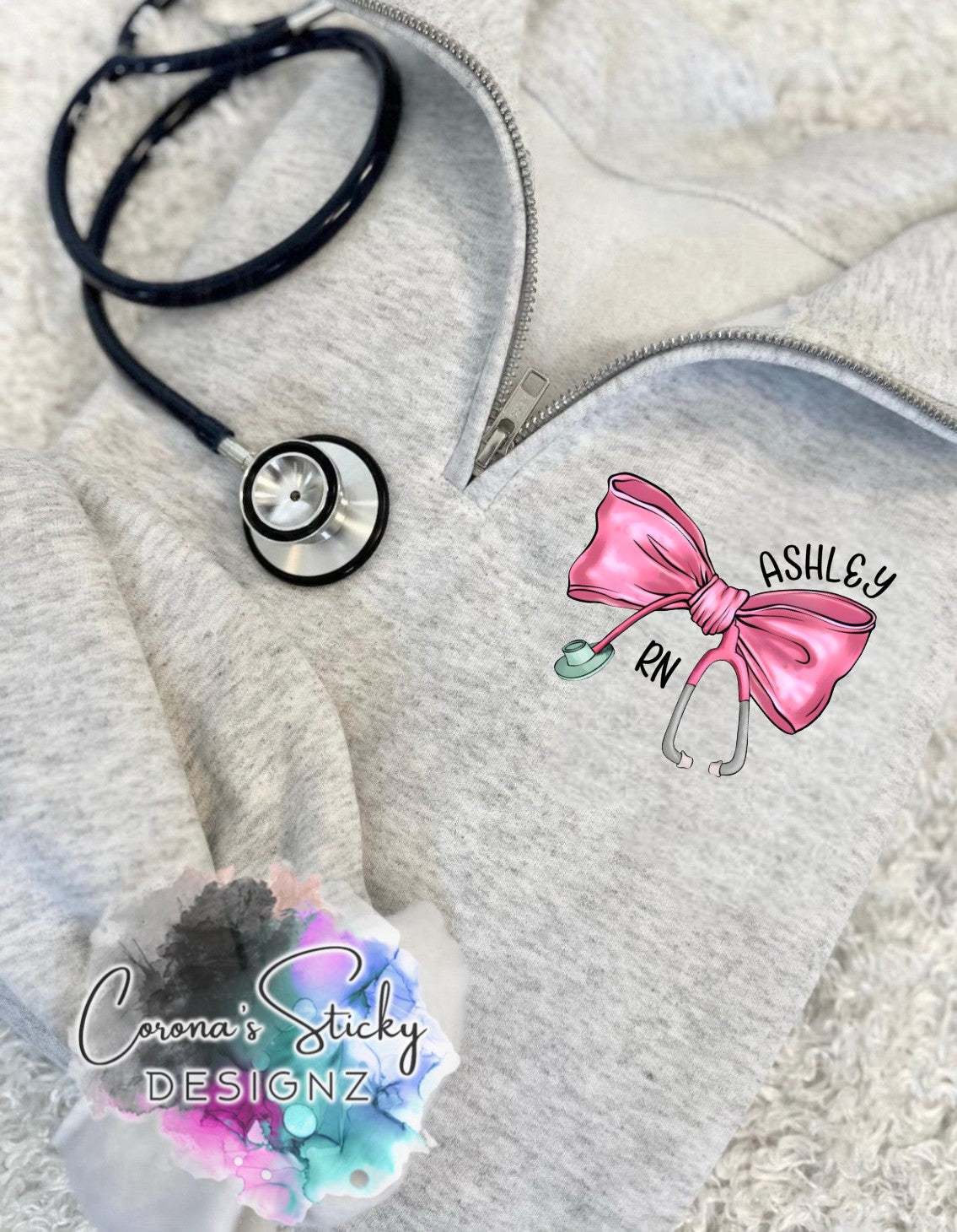 Quarter Zip customized pink bow unisex fit sweatshirt RN LPN MD NP CNA
