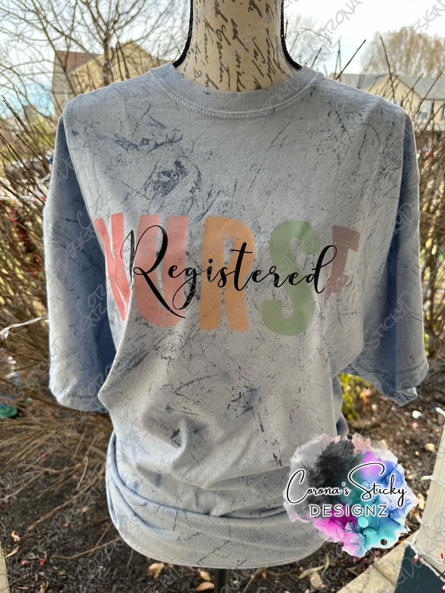 Blue dyed registered nurse RN tshirt colorful pastel letters