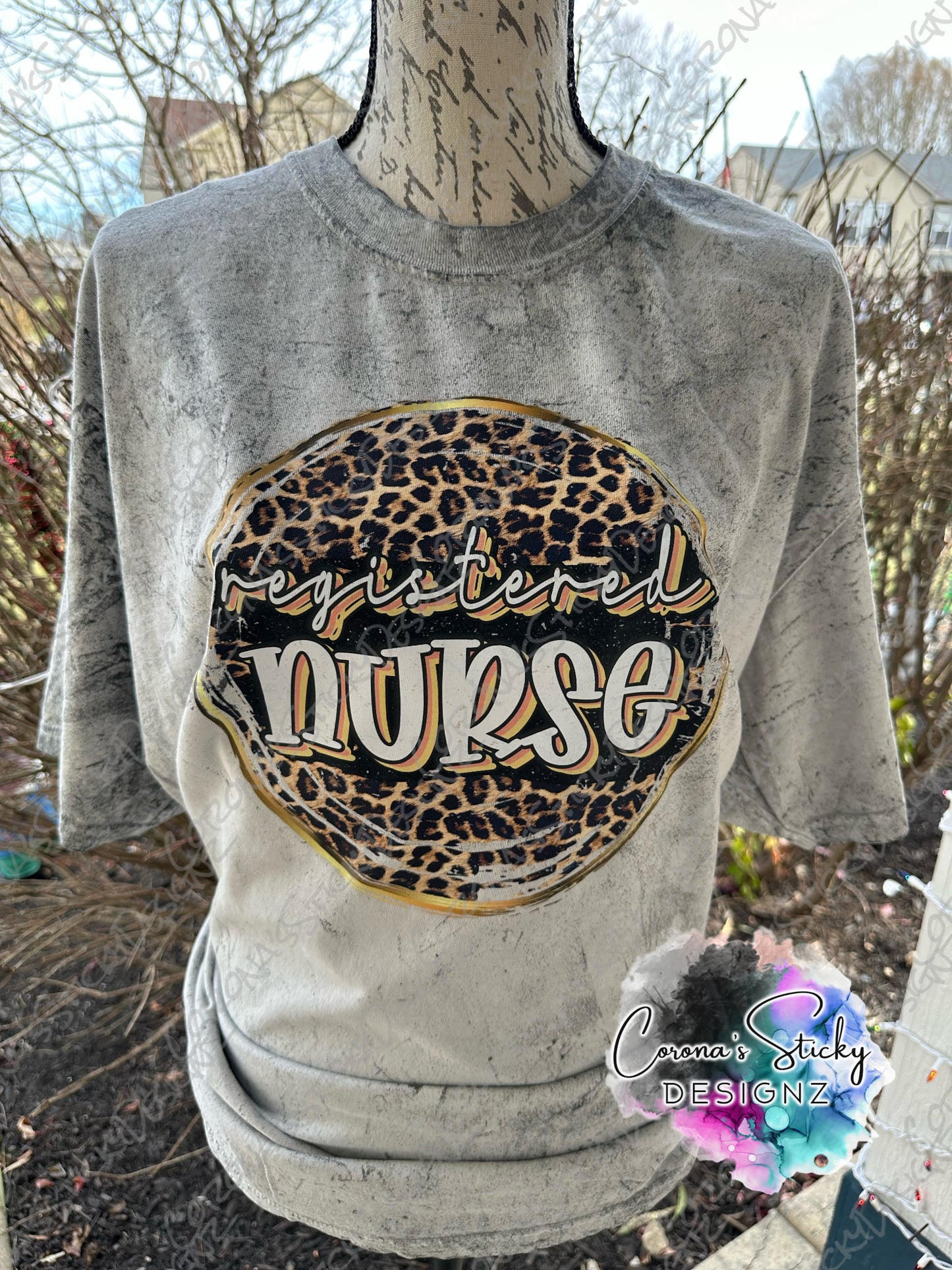 Gray washed registered nurse leopard gold tshirt