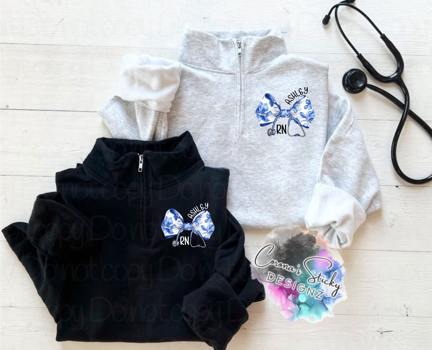 Quarter Zip customized blue bow unisex fit sweatshirt RN LPN MD NP CNA