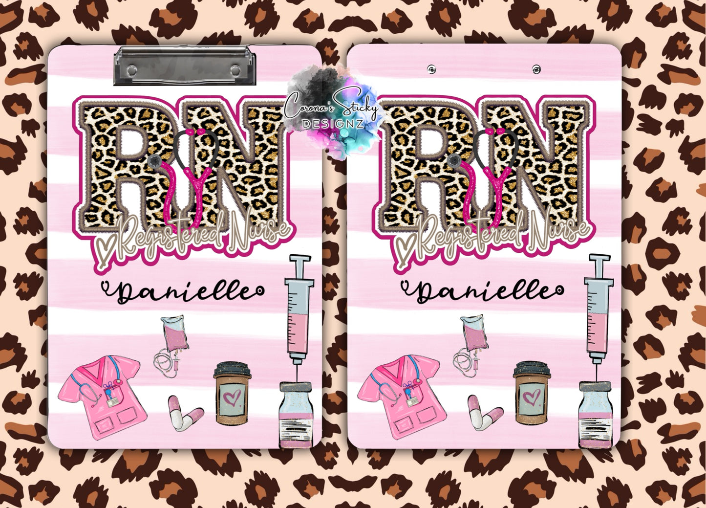 Customized RN registered nurse faux leopard pink clipboard elements