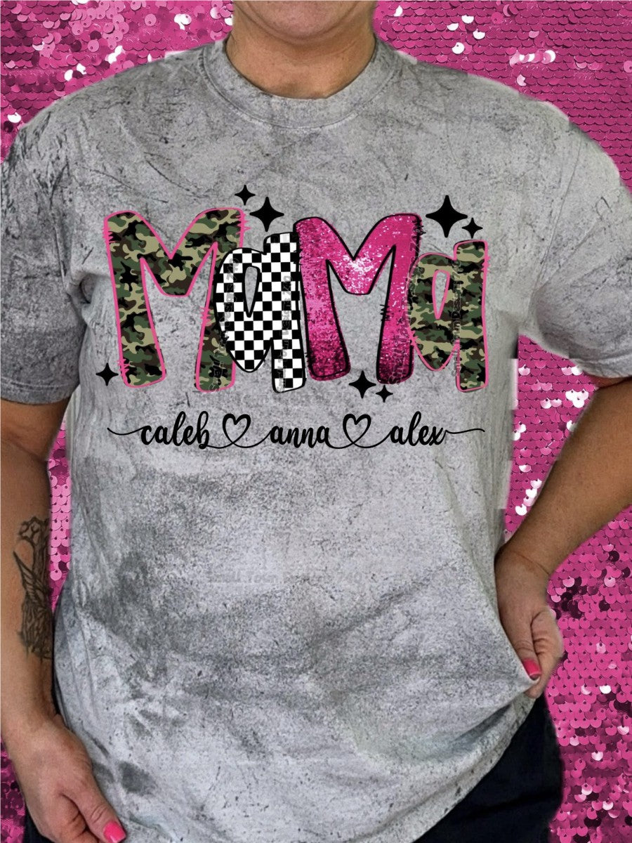 Mama camo checkered pink faux glitter tee T-Shirt PICK YOUR WORDING