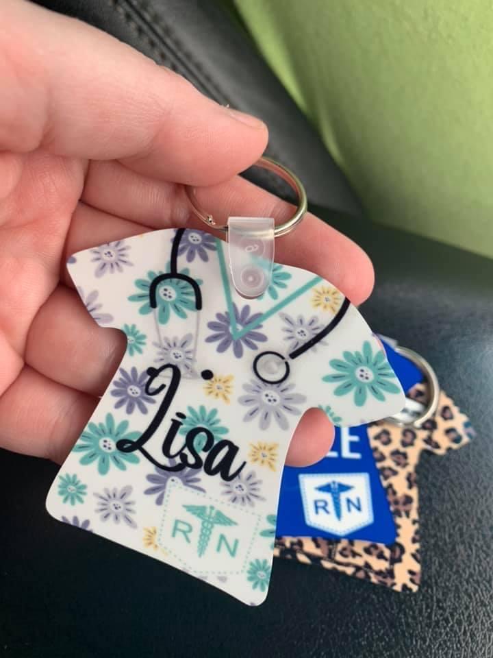 Custom Scrub Top Keychain CNA NP LPN CCMA MA QMA Firefighter Soldier Army Keychain aluminum