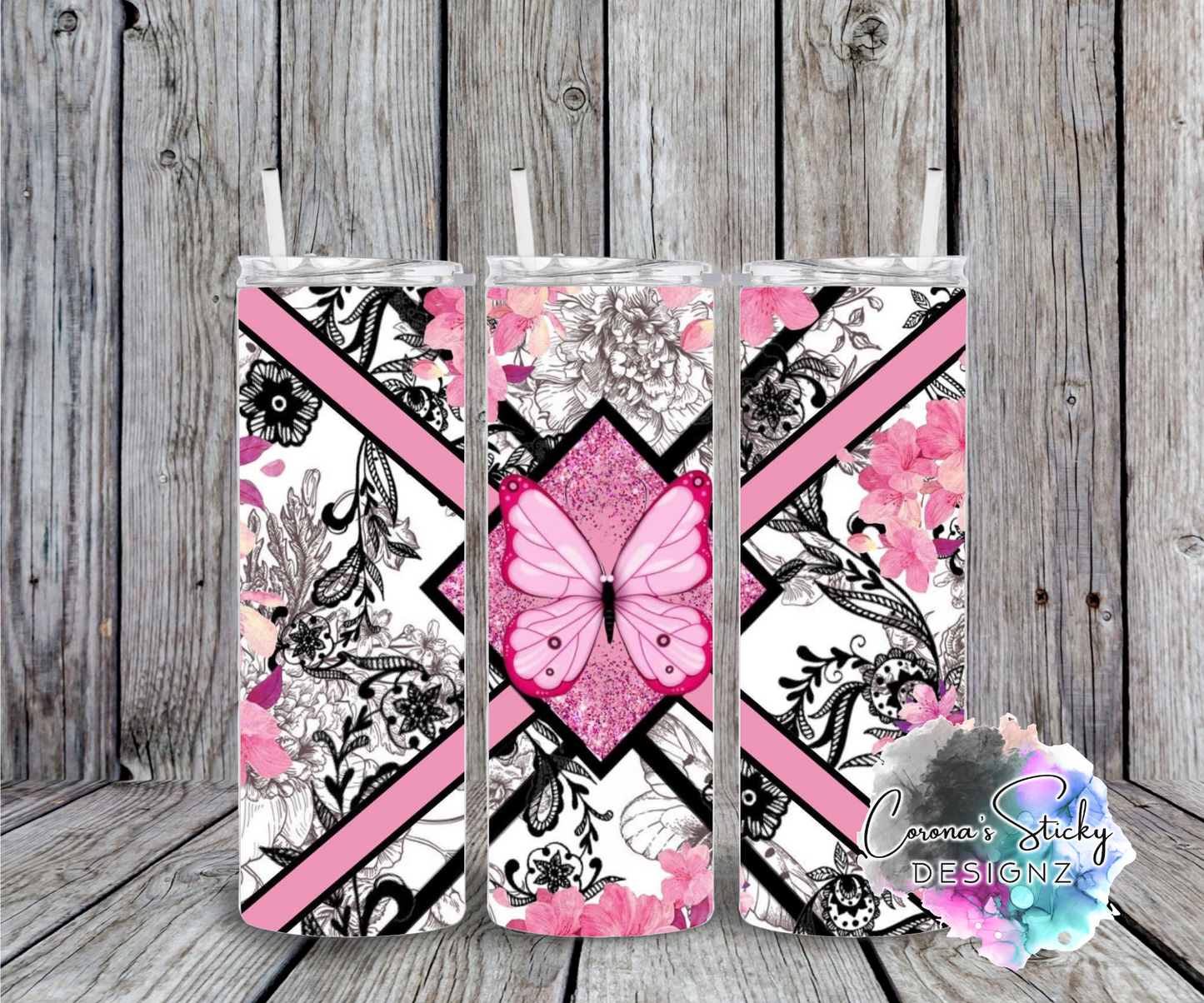 Pink butterfly tribal customized tumbler