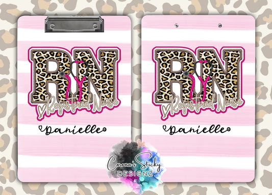 Customized RN registered nurse faux leopard pink clipboard
