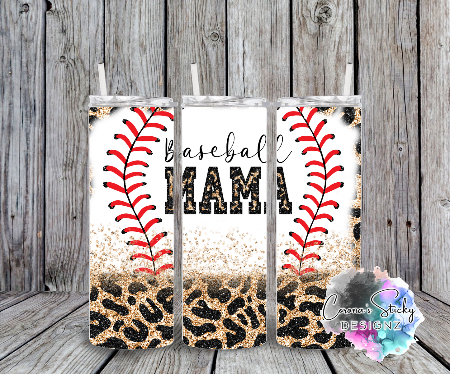 Baseball mama leopard faux glitter customized tumbler