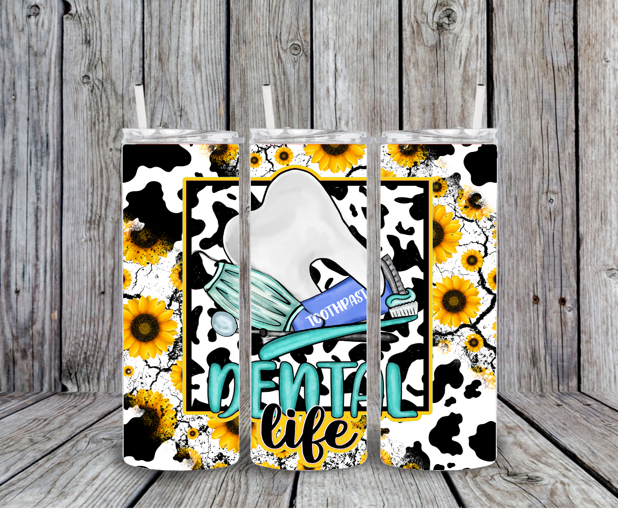 Dental life dentist assistant dental teeth sunflower cow tumbler