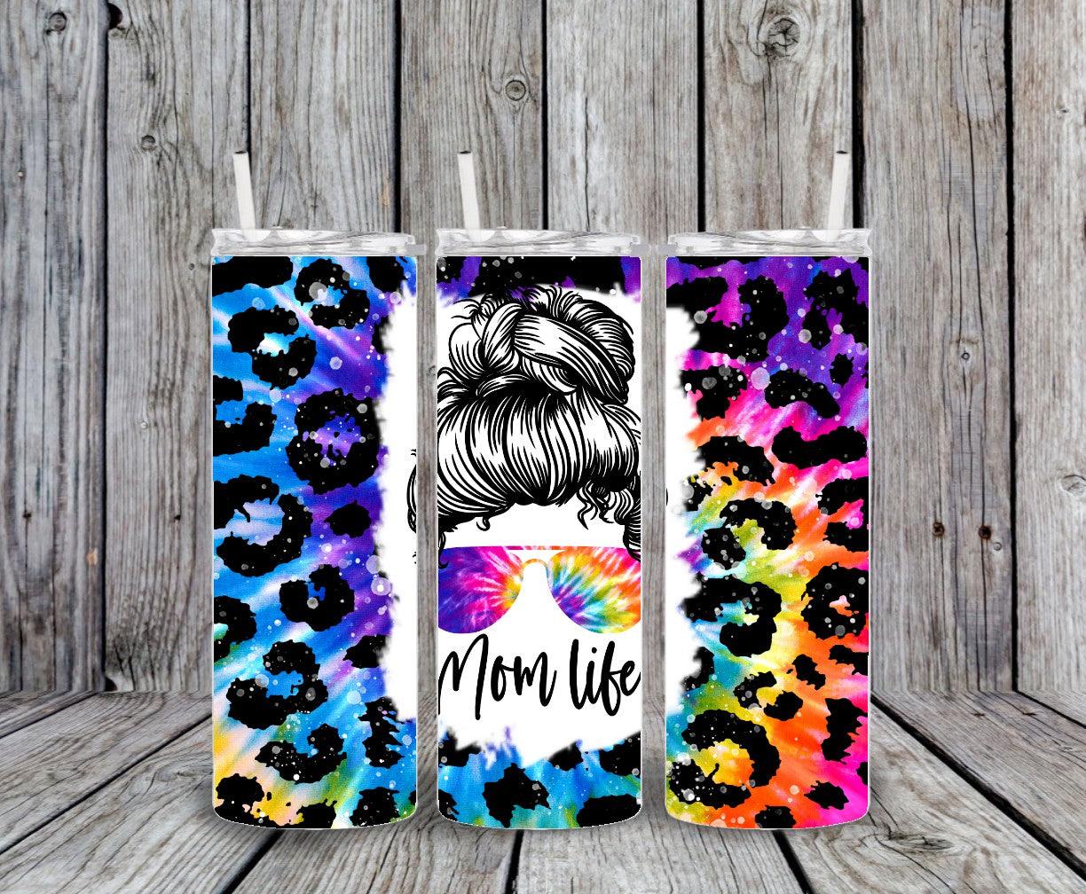 Mom life tie dye messy bun customized tumbler