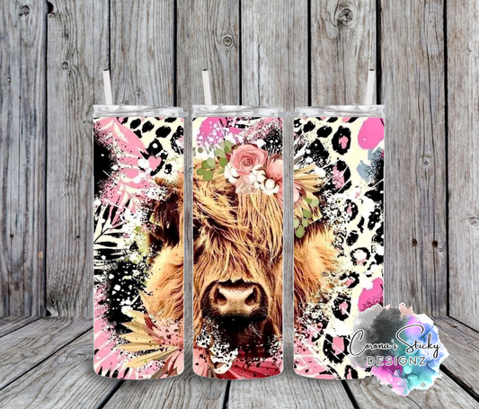 Pink leopard highland cow customized tumbler