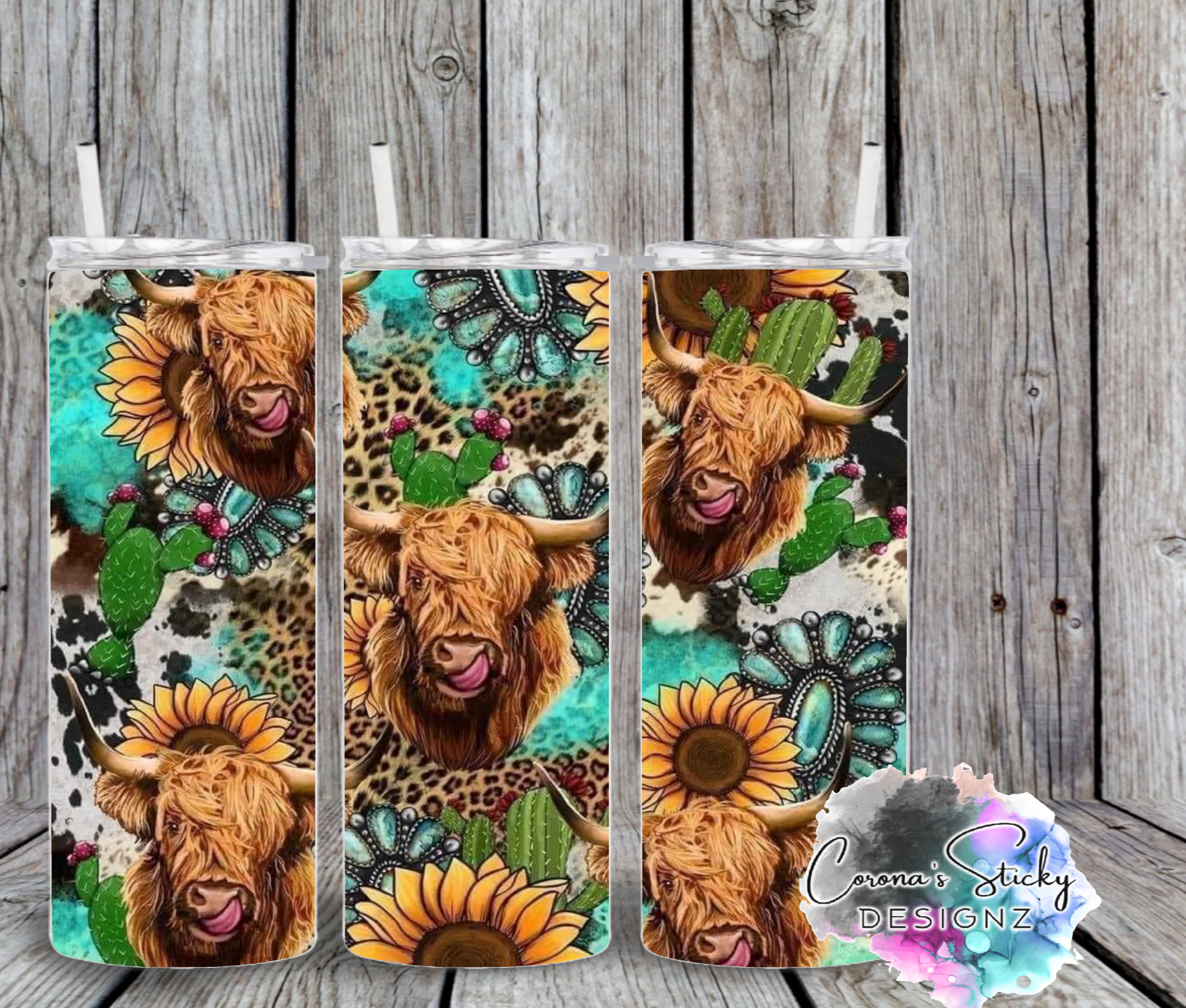 Sunflower turquoise highland cow customized tumbler